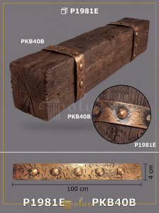Tavan rustic cu grinzi decorative din poliuretan imitație lemn și perete placat cu profile buștean.