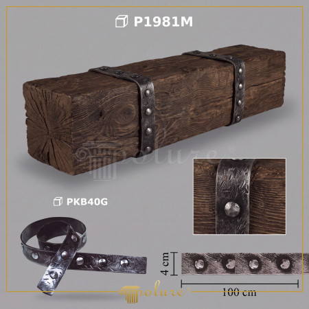 Tavan rustic cu grinzi decorative din poliuretan imitație lemn și perete placat cu profile buștean.