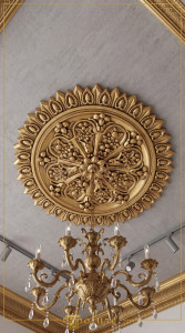 Rozetă tavan din poliuretan P641 decorată cu foiță de aur și motive florale sculptate în relief.