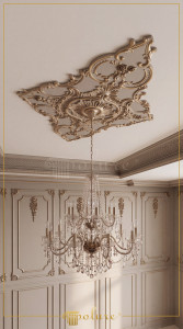 Ansamblu decorativ din poliuretan cu structuri de tavan suspendat, profile de scafă și coloane clasice în sală de nunți