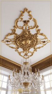 Ansamblu decorativ din poliuretan cu structuri de tavan suspendat, profile de scafă și coloane clasice în sală de nunți