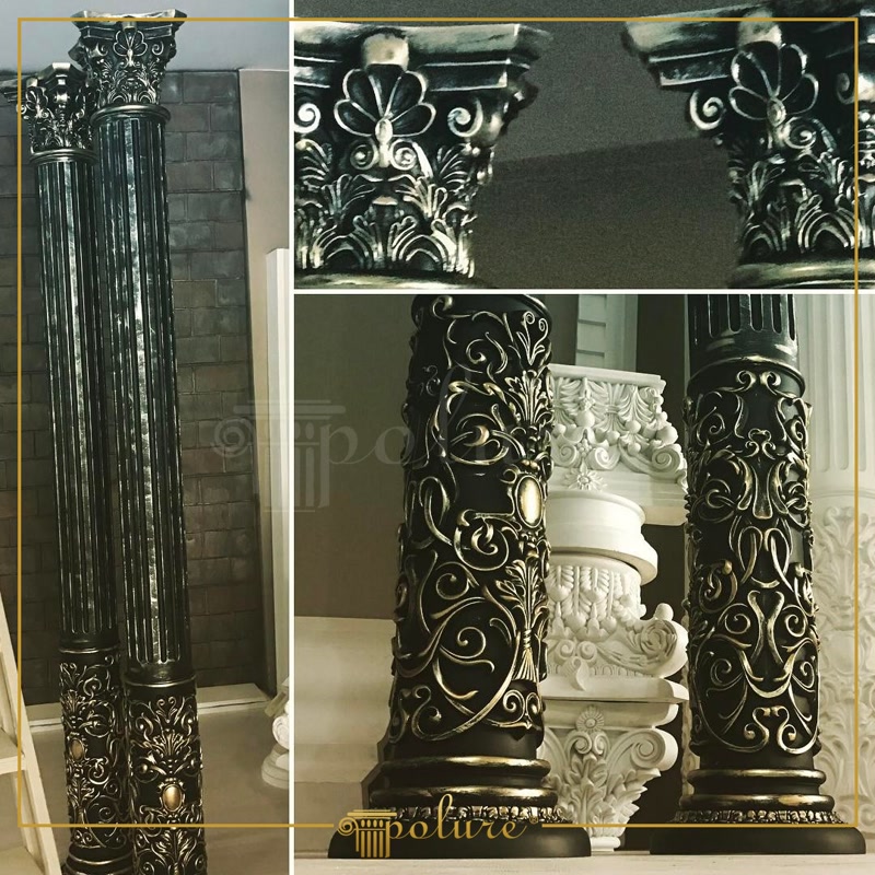 Coloane din Poliuretan Decorative cu Finisaj Patinat Coloanele decorative din poliuretan reprezintă elemente arhitectural-ornamentale neportante realizate din spumă poliuretanică de înaltă densitate (150-220 kg/m³ (țintă ~160 kg/m³)), destinate structurării spațiilor interioare clasice. Sistemele modulare compuse din codurile P5520, P5820 și P5920C permit asamblarea facilă a structurilor verticale, oferind o rezistență ridicată la impact mecanic și o toleranță excelentă la umiditate relativă de peste 85%. Spre deosebire de variantele tradiționale din ipsos sau piatră, care adaugă o greutate structurală considerabilă și necesită ancorări complexe, componentele din poliuretan au o masă redusă de aproximativ 3-5 kg per segment, simplificând radical procesul de manipulare și montaj pe șantier.

Tehnica de montaj pentru aceste coloane decorative implică îmbinarea modulară a bazei ornate, fusului canelat și capitelului de tip corintic cu ajutorul unui adeziv poliuretanic monocomponent de înaltă aderență. Pentru o stabilitate optimă pe termen lung, suprafețele de contact sunt pregătite prin șlefuire ușoară cu hârtie abrazivă de granulație 120, asigurând o ancorare mecanică impecabilă. În cazul îmbinărilor dintre segmente, se utilizează adezivi speciali pentru rosturi, prevenind apariția fisurilor cauzate de dilatările termice normale la variații de temperatură între -100 °C / +80 °C.

Finisarea de suprafață prezentată în imagine este realizată prin aplicarea unui strat primar de vopsea pe bază de apă, urmat de un strat de fond în nuanță închisă și tehnica patinării manuale cu pigmenți metalici aurii și argintii. Poliuretanul pre-amorsat din fabrică oferă o porozitate controlată de sub 1%, ce garantează o aderență excelentă a straturilor decorative fără riscul de cojire în timp. Această suprafață fin sculptată evidențiază detaliile ornamentale acantus și canelurile verticale, facilitând obținerea unor efecte tridimensionale profunde prin aplicare mecanică sau manuală.

Alegerea profilelor din poliuretan dens pentru renovări sau construcții noi reduce timpul de execuție pe șantier cu până la 60% comparativ cu stucaturile clasice din ipsos. Materialul este hidrofob, nu favorizează dezvoltarea microorganismelor sau a mucegaiului și poate fi curățat ușor cu detergenți neagresivi, menținându-și integritatea geometrică pe întreaga durată de viață a clădirii. Constructorii și echipele de finisaje beneficiază astfel de un produs stabil dimensional, care nu crapă și nu se deformează în timp.