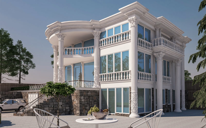 Elemente Exterioare din Poliuretan pentru Fațade de Vilă Elementele decorative din poliuretan pentru fațade exterioare reprezintă o soluție tehnică avansată pentru finisarea arhitecturală a clădirilor rezidențiale cu regim de înălțime P+2. În această aplicație, profilele P1457 și P1460 sunt utilizate pentru conturarea tâmplăriei cu sticlă reflectantă, asigurând o etanșare optimă la îmbinările cu termosistemul. Densitatea înaltă a materialului, cuprinsă între 180 și 150-220 kg/m³ (țintă ~160 kg/m³), garantează o rezistență mecanică ridicată la impact și la acțiunea directă a factorilor de mediu. Stratul de grund poliuretanic aplicat din fabrică pregătește suprafața pentru vopsirea finală cu vopsele lavabile de exterior pe bază de rășini acrilice sau siliconice.
Sistemul structural vertical integrează coloane poliuretanice din gamele P5560, P5830 și P5860, configurate cu caneluri longitudinale și capiteluri ornate în stil corintic. Montajul acestor coloane se realizează prin îmbrăcarea unui stâlp interior de susținere din beton armat sau structură metalică, spațiul intermediar fiind rigidizat cu spumă poliuretanică de montaj cu expansiune redusă. Îmbinările dintre segmentele semi-tubulare se debitază la unghi și se lipesc cu adeziv structural special de îmbinare, eliminând riscul apariției fisurilor capilare în timp. Această metodă previne punțile termice și reduce sarcina structurală pe fundația clădirii comparativ cu piatra naturală sau betonul decorativ.
Comportamentul materialului la variații termice extreme, într-un interval cuprins între -100 °C / +80 °C, asigură o stabilitate dimensională excelentă pe tot parcursul anului, rata de absorbție a apei fiind de sub 1%. În zona balcoanelor circulare și a teraselor de la etaj, profilele de cornișă P5930 și P5960 asigură direcționarea corectă a apelor meteorice prin picurători integrate. Această geometrie împiedică scurgerea apei pe suprafața verticală a fațadei, menținând curat finisajul exterior. La nivelul rosturilor de dilatație se recomandă utilizarea sigilanților elasto-plastici poliuretanici cu modul scăzut de elasticitate.
Spre deosebire de polistirenul expandat acoperit cu adeziv și mase de șpaclu sau de stucaturile clasice din ipsos, elementele din poliuretan de înaltă densitate oferă muchii perfect definite și detalii sculpturale precise care nu se degradează în timp. Procesul de ajustare ulterioară montajului se execută simplu cu hârtie abrazivă cu granulație de 120-150 înainte de vopsire. Pentru antreprenorii de construcții și echipele de montaj, utilizarea poliuretanului reduce timpul de execuție cu peste 40% față de metodele tradiționale de tencuială decorativă, oferind un randament estetic superior și rezistență îndelungată la ciclurile repetate de îngheț-dezgheț.