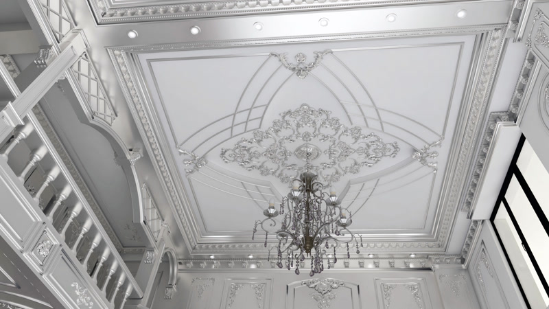 Montaj Elemente Poliuretan Pentru Tavane Decorate și Ancadramente Tavan casetat din poliuretan cu rozetă centrală decorativă și ancadramente pe pereți într-o sală de evenimente.