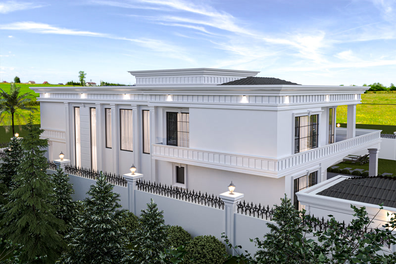 Ancadramente și Pilatri din Poliuretan pentru Fațade de Vilă Ancadramentele și pilatrii din poliuretan pentru fațade exterioare sunt profile decorative de înaltă densitate destinate structurării arhitecturale a clădirilor rezidențiale. În proiectul acestei vile cu două niveluri, finisajul alb imaculat evidențiază geometria precisă a profilelor P1456 și P9003A utilizate în jurul ferestrelor înalte. Densitatea materialului de peste 150-220 kg/m³ (țintă ~160 kg/m³) asigură o rezistență mecanică sporită la impact și la acțiunea directă a factorilor de mediu. În comparație cu ghipsul clasic sau polistirenul expandat, poliuretanul nu absoarbe apa, având o rată de absorbție sub 0.1%, prevenind astfel apariția fisurilor cauzate de ciclurile repetate de îngheț-dezgheț.

Sistemul de pilatri decorativi format din codurile P5030W și P5040W oferă o verticalitate accentuată întregului ansamblu arhitectural. Montajul acestor elemente verticale pe suprafața zidăriei se efectuează prin fixare dublă: lipire structurală cu adeziv poliuretanic special și ancorare mecanică la spațieri regulate de 50 cm. Această tehnică împiedică mișcările de dilatație termică și garantează stabilitatea pe termen lung a profilului chiar și la variații extreme de temperatură între -100 °C / +80 °C. Alinierea riguroasă a liniilor de cornișă și modularea verticală creează o fațadă ventilată din punct de vedere vizual, păstrând o estetică clasică bine definită.

Peste suprafețele plane ale fațadei au fost integrated panourile arhitecturale P3000 și P3000A, adăugând profunzime și textură stratului exterior. Îmbinările dintre profile sunt realizate utilizând adezivi de sigilare special formulați, urmate de șlefuirea fină cu hârtie abrazivă cu granulație 240 pentru obținerea unor rosturi complet invizibile. Stratul final de vopsea lavabilă de exterior pe bază acrilică sau siliconică protejează poliuretanul împotriva radiațiilor UV și menține culoarea albă nealterată în timp. Acest strat protector suplimentar prelungește durata de viață a decorațiunilor la peste 25 de ani fără a necesita întreținere complexă.

Aplicarea elementelor decorative din poliuretan pe fațade de vilă reprezintă soluția optimă pentru constructorii și aplicatorii care caută eficiență în montaj și durabilitate. Greutatea redusă a elementelor P1460 reduce sarcina pe structura de rezistență a clădirii, simplificând semnificativ manipularea pe schelă. Datorită suprafeței pre-amorsate din fabrică, timpii de aplicare ai finisajului sunt reduși cu până la 30% comparativ cu metodele tradiționale de tencuială decorativă. Rezultatul final este o fațadă impecabilă, izolată eficient vizual și protejată împotriva factorilor climatici.