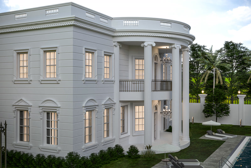 Fatada Clasica Vila cu Coloane si Profil Poliuretan Fațada clasică din poliuretan pentru vile reprezintă un sistem decorativ exterior de înaltă densitate (150-220 kg/m³ (țintă ~160 kg/m³)), proiectat pentru rezistență îndelungată la intemperii și stabilitate termică între -100 °C / +80 °C. Această lucrare arhitecturală monumentală folosește profile de ancadrament P1456 și P1470 pentru conturarea geamurilor, în timp ce panourile P3000 creează caneluri orizontale pe suprafața zidăriei. Datorită unei rate de absorbție a apei de sub 1%, elementele din poliuretan nu își modifică forma, nu crapă și nu permit infiltrarea umidității, fiind o alternativă tehnică superioară ipsosului clasic sau polistirenului expandat.

Zonă centrală a rezidenței este definită de balconul semicircular susținut de coloane impresionante alcătuite din fusuri canelate P5860, baze P5260I și capiteluri ornate P5960B. Balustrada superioară este construită din balustri rigizi PB4014, ancorați ferm pentru siguranță și continuitate vizuală, în timp ce consolele decorative P9950 sprijină cornișa superioară. Profilele P1460M10 și P1464 folosite la ferestre au un picurător integrat care direcționează apa de ploaie departe de fațadă, prevenind pătarea și deteriorarea finisajului în timp.

Montajul profilelor decorative pe fațadă presupune utilizarea adezivilor de lipire structurală pe bază de poliuretan sau MS Polimer, dublată de fixare mecanică prin conexpanduri sau șuruburi din oțel inoxidabil. Îmbinările dintre profile se realizează cu adeziv special de sudură la rece, urmate de șlefuire fină cu hârtie abrazivă de granulație 180-240 pentru obținerea unor suprafețe perfect uniforme. Aplicarea finală include o amorsă acrilică de exterior și cel puțin 2 straturi de vopsea lavabilă rezistentă la razele ultraviolete.

Spre deosebire de betonul decorativ sau piatra naturală, poliuretanul reduce greutatea aplicată pe structura clădirii cu până la 80%, facilitând o punere în operă rapidă fără a fi necesare consolidări suplimentare ale fundației. Materialul previne formarea punților termice și oferă o rezistență excelentă la șocuri mecanice, mucegai și agenți atmosferici corozivi.