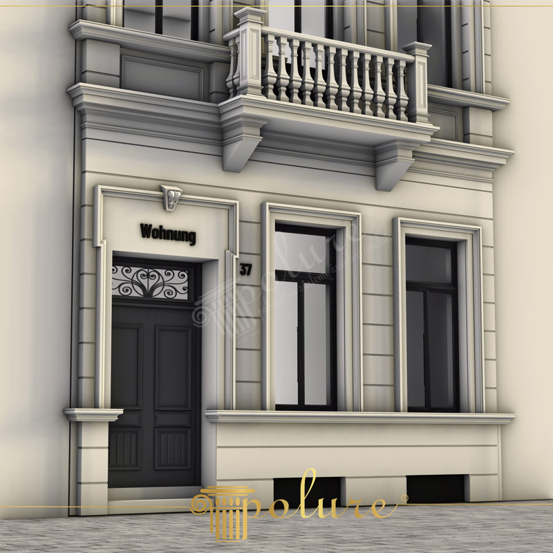 Elemente din Poliuretan pentru Ancadramente și Balcoane de Fațadă Poliuretanul de înaltă densitate pentru fațade exterioare este un material polimeric structural conceput pentru realizarea profilelor decorative cu rezistență mecanică sporită și toleranță climatică excelentă. În aplicațiile arhitectural-constructive moderne, elementele din poliuretan cu o densitate medie de 150-220 kg/m³ (țintă ~160 kg/m³) înlocuiesc cu succes betonul arhitectural și polistirenul expandat. Absorbind o cantitate de apă de sub 1%, aceste profile nu își modifică dimensiunile la variații extreme de mediu, rezistând perfect la cicluri repetate de îngheț-dezgheț. Integrarea ancadramentelor din poliuretan la nivelul ușilor de acces și al ferestrelor asigură un strat de izolare suplimentar la punțile termice din jurul golurilor de zidărie.

Sistemul de ancorare pentru ancadramentul ușii principale folosește adezivi poliuretanici structurali îmbunătățiți cu fixări mecanice ascunse din oțel inoxidabil. Profilul decorativ superior, completat cu o consolă centrală și o piatră de boltă, necesită o pregătire atentă a suprafeței suport prin șlefuire cu hârtie abrazivă cu granulație de 180 grit. Rosturile de îmbinare dintre bucățile de profil sunt sigilate folosind adeziv special de sudură la rece, prevenind apariția fisurilor capilare în timp. Această tehnică de montaj garantează că întreaga structură din jurul ușii rezistă la vibrații și presiuni exercitate de curenții de aer puternici fără a deteriora tencuiala exterioară.

Balconul decorativ de la etaj este susținut vizual de console masive din poliuretan și încadrat de un sistem rigid de balaștri turnați din poliuretan dens. Fiecare balustru este armat interior cu tijă filetată din oțel zincat pentru a oferii rigiditate structurală conform normelor de siguranță în construcții. Ferestrele parterului sunt încadrate de profile laterale liniare și pervazuri groase prevăzute cu lăcrimar integrat, care îndepărtează apa de ploaie direct de pe suprafața zidului. Această configurație previne pătrunderea umidității sub straturile termoizolante ale clădirii și prelungește durata de viață a finisajului exterior.

Finisarea suprafețelor din poliuretan montate pe fațadă presupune aplicarea a cel puțin 2 straturi de vopsea elastomericä rezistentă la raze ultraviolete și poluare urbană. Datorită suprafeței amorsate din fabrică, amestecul de vopsea aderă perfect, necesitând o perioadă de uscare de 24 ore între aplicări pentru a asigura o protecție optimă la temperaturi cuprinse între -100 °C / +80 °C. Față de sistemele clasice din ipsos sau beton, elementele din poliuretan reduc sarcina structurală pe fațadă cu peste 70%, simplificând semnificativ munca echipelor de montaj și eliminând necesitatea unor structuri grele de susținere.