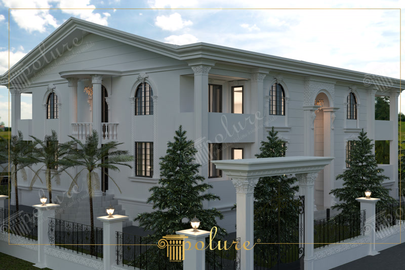 Elemente Decorative din Poliuretan pentru Amenajări Clasice Rosete de tavan, nișă ornamentală și consolă din poliuretan alb pregătite pentru montaj pe perete interior.