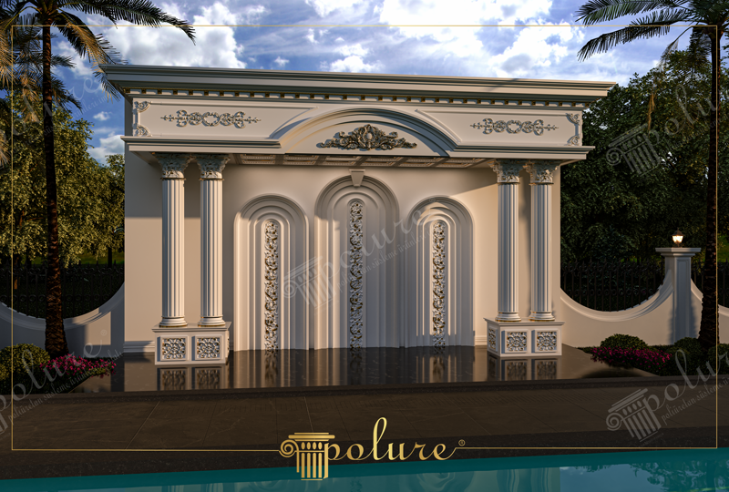 Poliuretan Structuri Exterioare si Stâlpi Decorativi Elementele decorative din poliuretan de înaltă densitate (aprox. 150-220 kg/m³ (țintă ~160 kg/m³)) reprezintă o soluție tehnică eficientă pentru realizarea ansamblurilor arhitecturale clasice de exterior, precum scenele sau fațadele ornamentale. Structura din imagine integrează coloane canelate, arcade succesive și reliefuri decorative aurite, oferind o rezistență sporită la factorii de mediu fără a suprasolicita structura de rezistență a clădirii. Spre deosebire de prefabricatele din beton sau ipsos, poliuretanul are o greutate redusă și un coeficient de absorbție a apei de sub 1%.

Montajul acestor profile poliuretanice pe exterior necesită utilizarea unui adeziv poliuretanic monocomponent special pentru lipire structurală, completat de ancorare mecanică cu dibluri din oțel inoxidabil la distanțe de 40-50 cm. Îmbinările dintre elemente se realizează cu un adeziv special pentru rosturi, care previne apariția fisurilor în timpul ciclurilor de îngheț-dezgheț în intervalul de temperatură de la -100 °C / +80 °C. După uscare, suprafața este șlefuită cu hârtie abrazivă de granulație P180-P220 pentru o finisare uniformă.

Pentru protecția împotriva radiațiilor UV și a intemperiilor, suprafețele din poliuretan aplicate pe exterior sunt acoperite cu două straturi de vopsea elastomeric-acrilică de exterior. În detaliile decorative sculptate ale arcadelor și ale frizei superioare, accentele metalice sau aurite sunt aplicate utilizând pigmenți rezistenți la exterior, protejați de un lac transparent poliuretanic satinat. Acesta asigură o durabilitate de lungă durată împotriva decolorării și previne depunerea mizeriei în reliefuri.

Această soluție arhitecturală este ideală pentru decorarea spațiilor comerciale, centrelor de evenimente, sălilor de nunți sau decorurilor de studio foto în aer liber. Întreținerea profilor din poliuretan montate pe exterior este extrem de simplă, necesitând doar spălare periodică cu jet de apă sub presiune mică (sub 80 bari). Rezistența la mucegai, ciuperci și intemperii recomandă poliuretanul ca o alternativă tehnică superioară prefabricatelor tradiționale din beton sau piatră artificială.