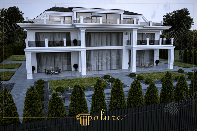 Poliuretan Exterior Fațadă și Stâlpi Pătrați Modeli Profilarea exterioară din poliuretan de înaltă densitate (150-220 kg/m³ (țintă ~160 kg/m³)) reprezintă o soluție tehnică avansată pentru finisarea fațadelor moderne de vile, asigurând o rezistență ridicată la ciclurile repetate de îngheț-dezgheț în intervalul termic de la -100 °C / +80 °C. La această construcție rezidențială cu niveluri multiple, ancadramentele volumetrice ale ferestrelor, cornișele sub streașină și brâurile intermediare au fost structurate pentru a crea o fațadă ventilată din punct de vedere estetic, fără a genera punți termice. Spre deosebire de betonul arhitectural de tip prekast sau stucaturile minerale grele, elementele decorative din poliuretan nu adaugă o sarcină structurală semnificativă pe structura de rezistență a clădirii. Rata de absorbție a apei este de sub 1%, ceea ce împiedică infiltrarea umidității și distrugerea materialului în timpul sezonului rece.

Procesul de montaj al stâlpilor pătrați masivi care susțin terasele de la parter și etaj se realizează prin îmbrăcarea miezului structural din beton armat sau metal cu panouri exterioare din poliuretan celular dur. Fixarea mecanică și chimică se execută prin combinarea adezivului poliuretanic monocomponent de înaltă aderență cu dibluri de fixare din oțel inoxidabil îngropate în corpul profilului. Îmbinările dintre secțiunile verticale și orizontale se debitează cu precizie și se tratează cu adeziv special pentru sudura la rece a rosturilor, garantând o dilatare termică omogenă pe întreaga suprafață și eliminând complet apariția fisurilor la îmbinare.

Cornișele magistrale poziționate la partea superioară a clădirii și profilele de brâu dintre etaje îndeplinesc un rol tehnic esențial în direcționarea apelor pluviale departe de planul ferestrelor. Flexibilitatea structurală și densitatea uniformă a materialului permit tăierea rapidă pe șantier la unghiuri de 45 sau 90 de grade cu scule obișnuite de tâmplărie. Elementele din poliuretan vin livrate cu un strat primar de amorsă albă aplicat industrial, fiind pregătite pentru finisare directă. Pentru protecție maximă la razele UV și poluare, se recomandă aplicarea a cel puțin două straturi de vopsea elastomeric-siliconică de exterior.

În comparație cu sistemele de placare din polistiren (EPS/XPS), poliuretanul dens oferă o rezistență la impact mecanic de până la 5 ori mai mare, fiind alegerea ideală pentru zonele expuse de la parter și intrări. Constructorii și echipele de montaj apreciază viteza sporită de punere în operă și lipsa necesității armării cu plasă de fibră de sticlă pe suprafața profilului. Soluția garantează o geometrie impecabilă pe termen lung, reducător de manoperă și fără costuri ulterioare de întreținere pentru proprietarul clădirii.