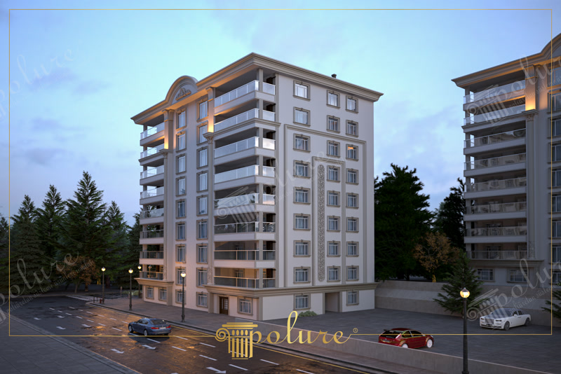 Profile din Poliuretan pentru Fațade Rezidențiale Clasice Poliuretanul de înaltă densitate de 150-220 kg/m³ (țintă ~160 kg/m³) reprezintă un material de placare decorativă utilizat pe scară largă la fațadele clădirilor multietajate datorită greutății reduse și rezistenței mecanice excelente. În proiectul vizibil în imagine, anvelopanta clădirii cu 8 niveluri este structurată prin elemente profilate din poliuretan de la nivelul soclului până la cornișa de coronament. Această soluție tehnică elimină încărcarea structurii de rezistență a clădirii, oferind în același timp o rezistență totală la umiditate cu un coeficient de absorbție a apei de sub 0.1%.

Sistemul de montaj al ancadramentelor și pilastrilor din poliuretan pe fațadă se bazează pe fixarea mecanică și adezivă combinată. Ancadramentele de ferestre și profilele de etaj sunt lipite pe stratul de termoizolație utilizând adezivi poliuretanici structurali de mare aderență, asigurați suplimentar cu dibluri speciale de ancorare. Rosturile de îmbinare dintre profile sunt tratate cu adeziv de îmbinare bicomponent și adezivi elastici, prevenind apariția fisurilor cauzate de dilatările termice pe un interval de temperatură de la -100 °C la +80 °C.

Comparativ cu elementele tradiționale din beton amprentat, ipsos de exterior sau EPS (polistiren expandat), profilele decorative din poliuretan oferă muchii extrem de clare și o suprafață finisată din fabrică cu amorsă acrilică. Această suprafață gata pregătită permite aplicarea directă a vopselelor lavabile de exterior pe bază de silicați sau rășini siliconice. Rezistența la impact și stabilitatea dimensională asigură o durabilitate de lungă durată pe fațadă fără a necesita reparații periodice specifice materialelor poroase.

Integrarea pilastrilor decorativi cu capiteluri clasice și a cornișelor perimetrale permite mascarea rosturilor de dilatație și crearea unui ritm vizual bine definit pe fațadă. Pentru firmele de construcții și montatori, utilizarea sistemelor profilate din poliuretan reduce timpul de punere în operă cu până la 50% față de elementele din beton sau mortar polimeric. Rezultatul este o fațadă durabilă, perfect protejată împotriva rigorilor climatice și ușor de întreținut în timp.