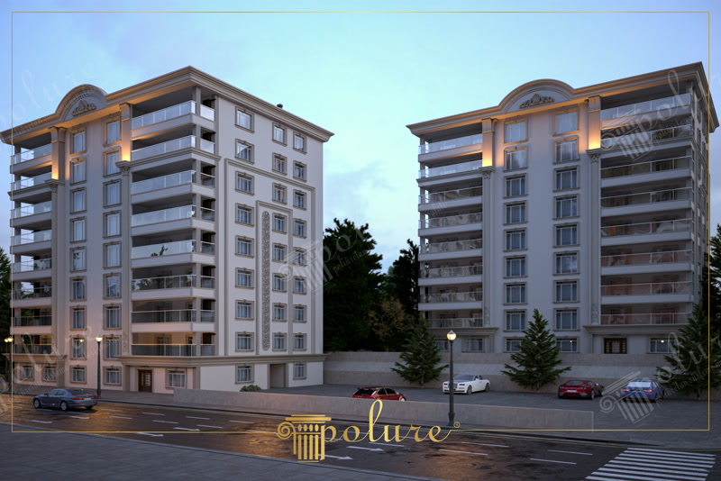 Elemente din Poliuretan pentru Fațade de Blocuri Rezidențiale Profilurile din poliuretan pentru fațade reprezintă elemente decorative arhitectural fabricate din spumă rigidă cu densitatea de 150-220 kg/m³ (țintă ~160 kg/m³), destinate decorării exterioare a clădirilor de locuințe multifamiliale. În proiectul vizualizat, fațada celor două blocuri de 8 etaje utilizează ancadramente de ferestre, pilastri laterali și frontoane decorative arcuite amplasate la nivelul aticului. Spre deosebire de betonul arhitectural greu sau polistirenul expandat casant, polimerul poliuretanic oferă o rezistență mecanică sporită la impact și o absorbție a apei de sub 0,1%, prevenind apariția fisurilor cauzate de ciclurile de îngheț-dezgheț în intervalul termic cuprins între -100 °C / +80 °C.

Montajul acestor profile ornamentale pe suprafețe extinse de fațadă necesită respectarea riguroasă a procedurilor tehnice de lipire și fixare mecanică. Debitarea elementelor verticale și a frontoanelor decorative se realizează cu scule de tăiere standard, iar îmbinările dintre profile sunt securizate utilizând adezivi poliuretanici structurali de înaltă rezistență. Pentru structurile cu mai mult de 5 etaje, este recomandată ancorarea suplimentară cu dibluri din oțel inoxidabil îngropate în corpul profilului și acoperite ulterior cu chit polimeric de exterior. Acest sistem de fixare dublă elimină riscul de desprindere la sarcini mari provocate de vânt și previne punțile termice la nivelul termoizolației existente.

Alegerea profilurilor din poliuretan în detrimentul prefabricatelor din beton reduce încărcarea structurală pe placa de rezistență cu până la 85%, optimizând costurile globale ale structurii de rezistență. Față de substraturile din polistiren tencuit, poliuretanul furnizează o muchie extrem de clară și detaliată, garantând stabilitatea dimensională în timp fără riscul de deformare sub acțiunea razelor UV. Suprafețele amorsate din fabrică permit aplicarea directă a vopselelor lavabile acrilice sau siliconice pentru exterior, asigurând o durabilitate de peste 25 de ani fără restaurări majore.

Efectul estetic de fațadă clasică este amplificat prin combinarea pilastrilor verticali cu profilele de profilat dintre etaje și iluminatul arhitectural aplicat direct pe elemente. Aplicele de exterior montate strategic în dreptul coloanelor scot în evidență profunzimea reliefurilor și detaliile decorative ale frontoanelor superioare. Întreținerea fațadei se reduce la spălarea ocazională cu jet de apă sub presiune scăzută, materialul nefiind afectat de depunerile de praf urban sau de mucegaiuri, ceea ce îl face soluția tehnică ideală pentru dezvoltatorii imobiliari orientați către durabilitate și valoare adăugată.