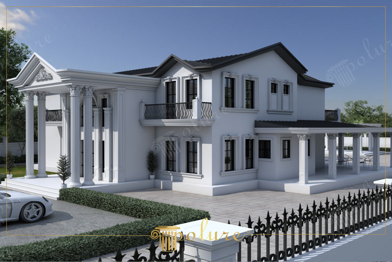 Profile Poliuretan Fațadă Clasică și Coloane Decorative Placarea fațadelor rezidențiale cu profile din poliuretan de înaltă densitate (150-220 kg/m³ (țintă ~160 kg/m³)) reprezintă o soluție tehnică avansată ce înlocuiește tencuiala clasică sau betonul polimeric greu. La proiectul acestei vile cu două niveluri, structura decorativă include un portic monumental susținut de coloane canelate și un fronton triunghiular proeminent. Utilizarea poliuretanului rigid reduce sarcina structurală pe pereții exteriori cu peste 70% comparativ cu elementele din beton prekast, eliminând necesitatea consolidărilor suplimentare ale fundației. Materialul prezintă o rată de absorbție a apei de sub 0.5%, asigurând stabilitate dimensională completă în intervalul de temperatură cuprins între -100 °C / +80 °C.
Procesul de montaj al sistemului arhitectural pe fațadă necesită o pregătire riguroasă a suportului mineral. Coloanele ornamentale masive sunt livrate sub formă de semicarcase poliuretanice care îmbracă o structură portantă din oțel sau beton. Îmbinările dintre elemente se realizează utilizând un adeziv special monocomponent pe bază de poliuretan flexibil, care preia dilatările termice. Pentru o fixare mecanică impecabilă, profilele de mari dimensiuni, cum sunt cornișele superioare și braurile de nivel, se ancorează suplimentar cu dibluri din inox plasate la distanțe de maximum 60 cm, mascate ulterior cu pastă de finisaj acrilică.
Finisajul de suprafață al elementelor din poliuretan joacă un rol crucial în durabilitatea la exterior. Profilele vin pretensionate cu un strat primar de grund polimerizat în fabrică, oferind o aderență optimă pentru vopselele lavabile de exterior pe bază de rășini siliconice sau acrilice. Spre deosebire de polistirenul expandat (EPS) care necesită straturi succesive de plasă din fibră de sticlă și masă de șpaclu, poliuretanul prezintă o suprafață netedă și o rezistență la impact mecanic de până la 15 J, reducând semnificativ timpul de execuție pe șantier.
Detalierea zonei ferestrelor este realizată prin ancorarea ancadramentelor și solbancurilor poliuretanice direct pe conturul tâmplăriei. Pentru a preveni infiltrațiile de apă la nivelul glafurilor, îmbinările elastice sunt etanșate cu sigilant hibrid MS polimer rezistent la razele UV. Această abordare tehnică garantează o barieră hidroizolantă continuă, protejând termoizolația din vată minerală sau polistiren a clădirii. În final, structura decorativă obținută oferă o estetică clasică impecabilă, îmbinând durabilitatea industrială cu o mentenanță minimă pe termen lung.