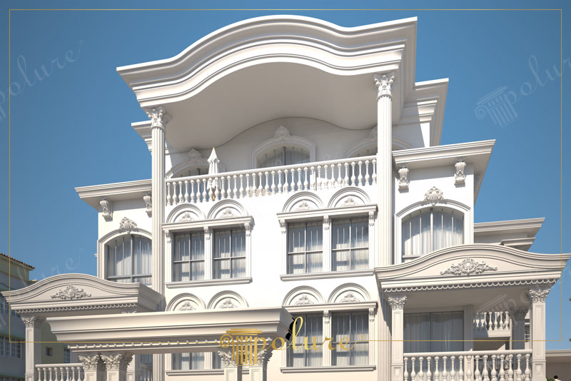 Profiluri și Stâlpi din Poliuretan pentru Fațade de Vilă Sistemele decorative din poliuretan pentru fațade exterioare reprezintă soluții arhitecturale ușoare și durabile, concepute pentru placarea structurilor rezidențiale de tip vilă. În proiectul prezentat, profilele din poliuretan cu o densitate înaltă de 150-220 kg/m³ (țintă ~160 kg/m³) oferă o alternativă tehnică superioară betonului decorativ sau ipsosului clasic. Datorită greutății reduse a materialului, încărcarea structurală asupra pereților exteriori este minimizată, permițând instalarea directă pe fațade termoizolate cu vată minerală sau polistiren fără necesitatea consolidărilor suplimentare.

Montajul profilelor decorative din poliuretan la exterior se realizează prin combinarea ancorării mecanic-structurale cu adezivi poliuretanici bicomponenti special formulați. Pentru o îmbinare rezistentă între elementele de fațadă, cum sunt coloanele canelate cu capitiluri corintice sau glafurile de fereastră, se aplică un strat de adeziv de îmbinare la fiecare rost de dilatație. Timpul de uscare și stabilizare a îmbinărilor este de aproximativ 24 de ore, după care suprafețele se șlefuiesc cu hârtie abrazivă de granulație 120-180 înainte de aplicarea amorselor și a vopselelor de exterior.

Din punct de vedere al rezistenței la factorii de mediu, profilele din poliuretan prezintă o rată de absorbție a apei de sub 1%, prevenind fisurarea cauzată de ciclurile repetate de îngheț-dezgheț. Materialul își menține stabilitatea dimensională pe un interval termic extins, cuprins între -100 °C / +80 °C, fiind protejat împotriva razelor ultraviolete prin straturi de grund acrilic aplicate din fabrică. Această structură celulară închisă asigură prevenirea apariției mucegaiului și a eflorescențelor specifice pietrei naturale.

Integrarea ancadramentelor arcuite pentru ferestre și a frontoanelor ondulate de la nivelul acoperișului necesită o debitare precisă la unghiuri de 45 de grade și fixare cu dibluri din oțel inoxidabil. Balustradele decorative și profilele de soclu completează ansamblul arhitectural clasic, oferind un aspect unitar fără a compromite eficiența termică a clădirii. Vopsirea finală cu vopsea elasto-merică permite preluarea micilor dilatări termice fără apariția microfisurilor la nivelul îmbinărilor decorative.