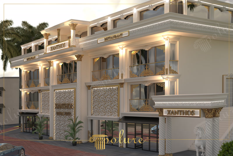 Poliuretan pentru Fațade Spații Comerciale și Restauration Profilul din poliuretan de înaltă densitate reprezintă soluția tehnică optimă pentru placarea fațadelor comerciale cu elemente clasice având o densitate de peste 150-220 kg/m³ (țintă ~160 kg/m³). În cadrul proiectului structural pentru clădiri cu funcțiune mixtă de restaurant și spațiu comercial, ancadramentele de ferestre (piese P1459, P1462) și cornisele profilate sunt fixate mecanic și adezivate structural pentru a rezista la intemperii. Materialul prezintă o absorbție de apă de sub 1%, prevenind fisurarea cauzată de ciclurile de îngheț-dezgheț între pragurile de temperatură de -100 °C / +80 °C.

Sistemele de coloane arhitecturale (coduri P5830 și capiteluri P5840C) sunt concepute modular, facilitând îmbrăcarea structurilor de rezistență din beton sau oțel. Structura dornică din poliuretan include capiteluri ionice sau corintice prelucrate precis, sprijinite pe socluri solide (P5930, P5940). Pentru montaj se utilizează ancoraje mecanic-chimice speciale și adezivi poliuretanici monocomponenți cu rezistență ridicată la forfecare. Această abordare elimină încărcarea structurală suplimentară asupra fundației, poliuretanul fiind de până la 5 ori mai ușor decât betonul decorativ sau piatra naturală.

Zidăria decorativă exterioară este îmbogățită prin integrarea panourilor murale ornamentale P8110 și a frontoanelor P2839 deasupra zonelor principale de acces. Panourile cu relief floral și ornamentele simetrice (P8090L/R) sunt ancorate pe suprafața suport prin aplicarea adezivului în cordoane paralele și fixare temporară în dibluri. Îmbinările dintre profilele din poliuretan se tratează cu adeziv special de îmbinare pentru a preveni apariția microfisurilor la dilatația termică.

Sistemul exterior din poliuretan beneficiază de o amorsare din fabrică cu grund poliuretanic aderent, pregătit pentru vopsire cu vopsele elastomerice pe bază de apă sau acrilice. Stratul final de protecție rezistent la razele UV garantează menținerea integrității estetice și împiedică degradarea în timp. Spre deosebire de ipsos sau polistiren, structura din poliuretan dens rezistă la impact mecanic direct și oferă o durabilitate de lungă durată fără necesitatea mentenanței frecvente.