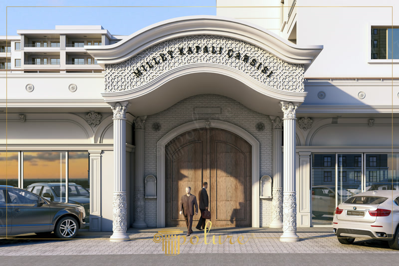 Portal Intrare din Poliuretan și Coloane Fațadă Spațiu Comercial Ancadramentul de intrare din poliuretan pentru fațade exterioare este un sistem ornamental rigid de înaltă densitate, proiectat pentru a încadra accesele principale ale clădirilor comerciale sau rezidențiale. Elemente precum arcul frontal decorativ, panourile frezate CNC și coloanele canelate sunt fabricate dintr-o spumă poliuretanică densă de 150-220 kg/m³ (țintă ~160 kg/m³), garantând stabilitate dimensională excelentă în timp. Spre deosebire de betonul aparent sau tencuielile clasice grele, profilele din poliuretan nu încarcă structura de rezistență a clădirii și permit o instalare rapidă prin lipire structurală combinată cu ancorare mecanică ascunsă.

Fixarea elementelor de exterior din poliuretan necesită o pregătire riguroasă a suprafeței suport, care trebuie să fie curată, lipsită de praf și complet uscată. Lipirea portalului și a coloanelor se realizează utilizând un adeziv poliuretanic monocomponent de înaltă aderență, iar rosturile dintre piese se etanșează cu chituri elastice speciale rezistente la intemperii. Pentru componentele de mari dimensiuni, cum sunt capitelurile și arcadele superioare, se recomandă utilizarea diblurilor din oțel inoxidabil sau a conexpandurilor pentru o fixare mecanică suplimentară. Toleranța scăzută la dilatare termică previne apariția fisurilor la îmbinări în condiții de fluctuații severe de temperatură.

Performanța tehnică a poliuretanului de exterior este superioară altor materiale decorative tradiționale, având o rată de absorbție a apei de sub 1% și o rezistență termică operațională între -100 °C / +80 °C. Materialul nu mucegăiește, nu este afectat de ciclurile repetate de îngheț-dezgheț și rezistă eficient la radiațiile ultraviolete după aplicarea stratului final de vopsea acrilică sau poliuretanică de exterior. Întreținerea portalului din poliuretan este minimă, fiind suficientă spălarea periodică cu jet de apă cu presiune scăzută pentru îndepărtarea depunerilor de praf urban.

Integrarea coloanelor cilindrice canelate cu baze sculptate și socluri decorative oferă un aliniament simetric perfect pe fațada principală. Panourile decorative debitate prin tehnologie CNC completează structura arcului de intrare, creând un ansamblu coerent și protejat împotriva infiltrațiilor de apă prin profile de picurător integrate. Acest tip de finisaj exterior oferă constructorilor și aplicatorilor o soluție durabilă, ușor de ajustat pe șantier prin tăiere sau șlefuire directă, asigurând o execuție curată și un randament crescut al lucrărilor de placare.