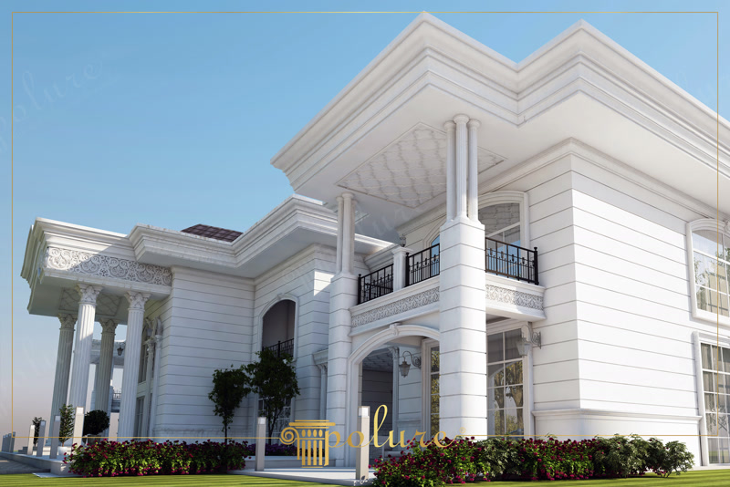 Poliuretan Profile și Coloane Decorative Fațadă Vilă Model Sistemul de profile din poliuretan pentru fațade exterioare este o soluție tehnică de înaltă densitate concepută pentru placarea structurală și decorativă a clădirilor rezidențiale. În proiectul acestei vile clasice, elementele arhitectural formate din panourile striate 2P8143A33, 2P8143A90, 2P8143B33 și 2P8143B90 sunt integrate direct pe structura de zidărie pentru a crea caneluri orizontale uniforme. Materialul prezintă o densitate ridicată de 150-220 kg/m³ (țintă ~160 kg/m³), garantând o rezistență mecanică sporită la impact și o stabilitate dimensională excelentă în timp, fără risc de fisurare la îmbinări.

Ancadramentele de ferestre P1460 și P1472, alături de arcul de boltă semicircular P1456D75VIC, sunt montate utilizând adezivi poliuretanici structurali pe bază de polimeri hibrizi. Pentru o fixare mecanică suplimentară pe suportul din beton sau cărămidă, se folosesc dibluri din oțel inoxidabil îngropate sub suprafața profilului. Datorită ratei de absorbție a apei de sub 1%, aceste profile decorative nu rețin umiditatea și previn apariția mucegaiului sau a exfolierii vopselei exterioare, rezistând la cicluri repetate de îngheț-dezgheț.

Sistemele de coloane exterioare P5840, P5860, P5940B și P5960B îndeplinesc un rol estetic de îmbrăcare a stâlpilor de rezistență din beton armat. Cămășuirea mecanică a coloanelor se realizează prin îmbinarea semicoloanelor poliuretanice în jurul miezului structural, rosturile fiind sigilate cu mastic elastomeric rezistent la temperaturi extreme între -100 °C / +80 °C. Panourile decorative P3040 și P7403 completează registrul superior al fațadei, oferind o tranziție tehnică curată către cornișele de acoperiș.

Echipele de montaj și contractorii beneficiază de o manipulare facilă a elementelor din poliuretan comparativ cu betonul arhitectural sau ipsosul tradițional, masa redusă scăzând încărcarea suplimentară pe structura clădirii. Înainte de aplicarea stratului final de vopsea lavabilă de exterior pe bază de silicați sau rășini acrilice, îmbinările se șlefuiesc cu hârtie abrazivă de granulație 180-220 pentru obținerea unei suprafețe omogene și continue pe întreaga anvelopă a clădirii.