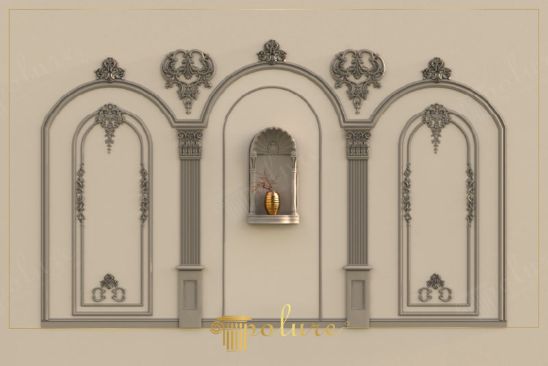 Elemente Decorative din Poliuretan pentru Amenajări Clasice Rosete de tavan, nișă ornamentală și consolă din poliuretan alb pregătite pentru montaj pe perete interior.
