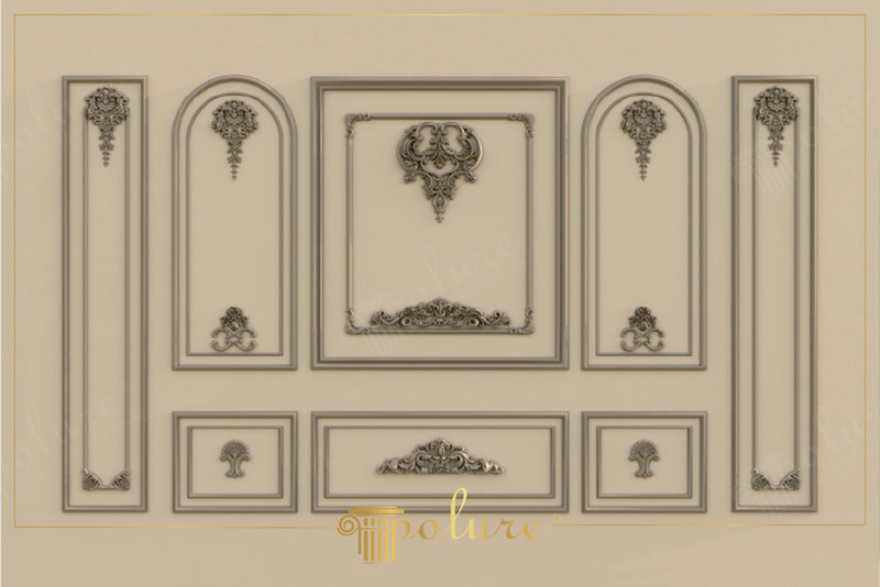 Sistem Boiserie din Poliuretan și Profile Decorative Perete Montajul de boiserie din poliuretan reprezintă o soluție tehnică eficientă pentru realizarea casetărilor decorative pe pereții interiori, utilizând profile din poliuretan de înaltă densitate P85002 și P85008. Spre deosebire de lambriurile tradiționale din lemn sau ipsos, acest sistem modular permite crearea unor cadre dreptunghiulare și arcuite cu o precizie geometrică ridicată. În structura prezentată, rama centrală de mari dimensiuni este încadrată de panouri verticale cu arcadă superioară, iar registrul inferior stabilizează vizual compoziția prin casete dreptunghiulare mai mici. Metodologia de montaj se bazează pe fixarea mecanică sau lipirea directă a profilelor pe suprafețe tencuite, oferind o bază ideală pentru integrările de ornamente sculptate.

Din punct de vedere al proprietăților fizico-mecanice, materialul poliuretanic dens utilizat pentru aceste profile prezintă o densitate medie de 150-220 kg/m³ (țintă ~160 kg/m³), garantând o rezistență sporită la impactul mecanic accidental și o stabilitate dimensională excelentă. Rata de absorbție a apei este de sub 1%, ceea ce elimină riscul de umflare, deformare sau mucegăire în medii cu umiditate variabilă. De asemenea, coeficientul de dilatare termică redus permite utilizarea ansamblului într-un interval de temperatură cuprins între -100 °C / +80 °C fără riscul apariției fisurilor la îmbinări. Aceste caracteristici tehnice fac ca poliuretanul să depășească performanțele MDF-ului sau ale ipsosului în aplicațiile de șantier profesionale.

Procesul de instalare necesită o pregătire atentă a suportului și utilizarea unor unelte adecvate pentru debitare. Debitarea profilelor P85002 și P85008 se realizează la unghiuri precise de 45° cu un ferăstrău circular cu disc dințat fin. Lipirea pe perete se efectuează cu adeziv acrilic de fixare, în timp ce îmbinările dintre profile și lipirea ornamentelor P2833, P8050, P80111, P8055 și P8077 se realizează cu un adeziv poliuretanic special de sudură la rece. După aplicare, sistemul necesită un timp de uscare completă de 24 ore, urmat de șlefuirea fină a rosturilor cu hârtie abrazivă de granulație 240 pentru a obține o suprafață perfect continuă și omogenă.

Faza finală constă în aplicarea straturilor de finisaj protejate, poliuretanul fiind livrat din fabrică cu un grund alb pre-aplicat care optimizează aderența vopselei. Suprafața finisată poate fi vopsită cu lavabile acrilice, vopsele pe bază de apă sau patinate cu ceară decorativă pentru accentuarea detaliilor sculpturale ale elementelor P80111 și P8077. Pentru firmele de construcții și echipele de montaj, acest sistem garantează o punere în operă rapidă, costuri reduse de manoperă și un rezultat final de înaltă calitate estetică și durabilitate structurală.