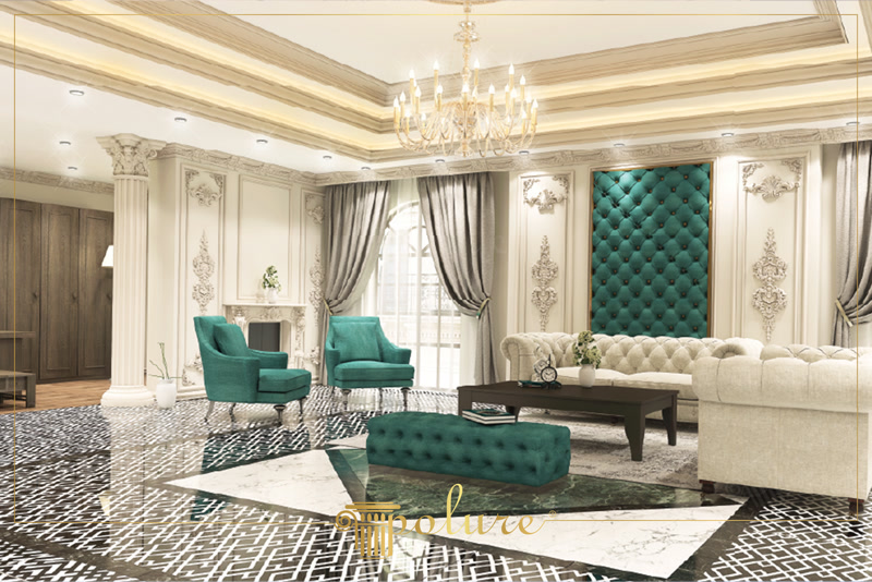 Poliuretan Coloane și Ornamente Perete pentru Salon Aplicarea elementelor decorative din poliuretan cu densitate de 150-220 kg/m³ (țintă ~160 kg/m³) reprezintă soluția tehnică optimă pentru realizarea amenajărilor interioare în stil clasic cu durabilitate crescută. În această amenajare, coloana decorativă P5840 alături de baza P5940B creează o structură verticală rigidă, rezistentă la șocuri mecanice și fără riscul apariției fisurilor în timp. Materialul prezintă o rată de absorbție a apei sub 1%, ceea ce asigură stabilitate dimensională excelentă și previne deformările cauzate de variațiile de umiditate sau temperatură în intervalul de exploatare de la -100 °C / +80 °C.

Montajul sistemului de coloane și semicoloane necesită o pregătire riguroasă a suprafeței suport, urmată de fixarea mecanică și chimică. Lipirea elementelor din poliuretan se realizează utilizând adeziv structural pe bază de poliuretan sau polimeri hibrizi, aplicat uniform pe spatele profilului. Îbinările dintre secțiunile coloanei și capitel se tratează cu adeziv special pentru îmbinări, urmat de șlefuirea fină cu hârtie abrazivă de granulație 220 pentru obținerea unei suprafețe perfect omogene, invizibile după vopsire.

Pe suprafața pereților, ancadramentele din profil P5240 și ornamentele aplicate P8026, P8055, P8081L și P8081R configurează panouri simetrice specifice arhitecturii clasice. Fiecare ornament este presat ferm pe poziție și fixat temporar până la polimerizarea completă a adezivului. Materialul pre-amorsat din fabrică permite aplicarea directă a vopselelor pe bază de apă, acrilice sau poliuretanice, garantând o aderență excelentă a stratului de finisaj fără exfolieri ulterioare.

Spre deosebire de ipsosul tradițional, poliuretanul de înaltă densitate oferă o greutate redusă per metru liniar, simplificând semnificativ manipularea pe șantier și reducând timpii de execuție. Această tehnologie le permite echipelor de montaj și constructorilor să livreze proiecte complexe cu detalii sculpturale profunde într-un timp scurt, eliminând timpii lungi de uscare specifici ipsosului și asigurând un finisaj curat, de precizie industrială.
