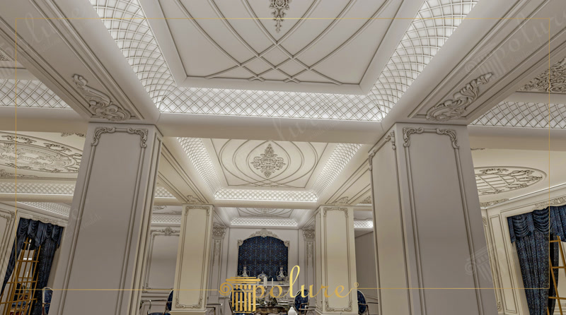 Poliuretan Tavan Rozetă și Dom Modele Tehnică Montaj Element decorativ central din poliuretan P7152 cu relief adânc pentru tavan clasic montat pe suprafață gletuită.