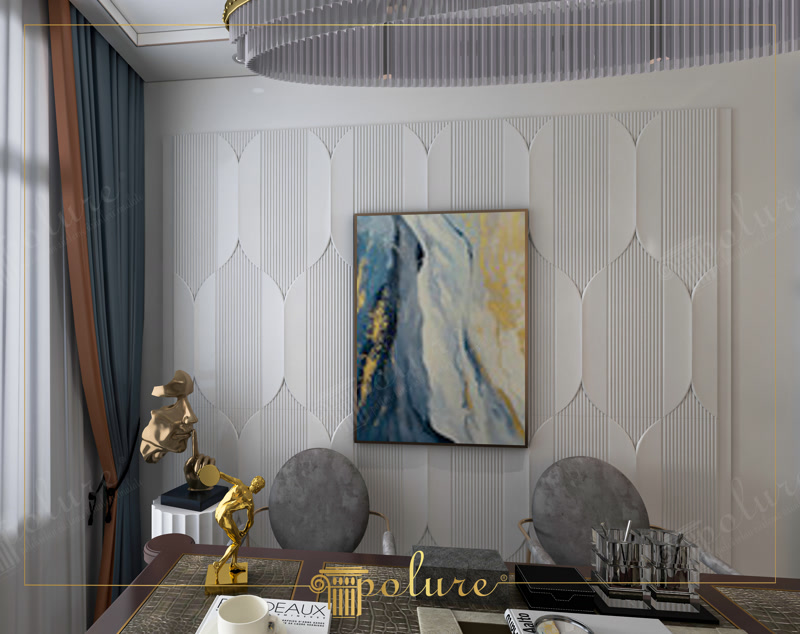 Nișă Decorativă din Poliuretan pentru Perete Model P09 Nișă decorativă din poliuretan alb cu elemente sculptate în formă de scoică, montată pe un perete gri mat.