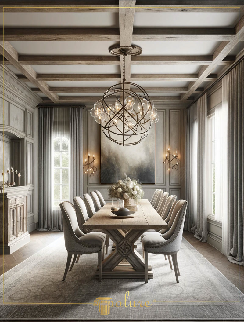 Sistem de Grinzi Decorative din Poliuretan pentru Plafon Casetat Plafonul casetat realizat din grinzi decorative din poliuretan reprezintă o soluție tehnică eficientă pentru crearea structurilor de tavan cu profilat rustic, fără a adăuga o greutate structurală suplimentară pe planșeu. Seriile de grinzi poliuretanice P1981A până la P1981L permit configurarea unor rețele ortogonale precise, oferind aspectul autentic al lemnului cioplit. Datorită densității înalte de aproximativ 150-220 kg/m³ (țintă ~160 kg/m³), materialul păstrează o stabilitate dimensională excelentă în timp, evitând deformările specifice grinzilor din lemn masiv.

Sistemul de montaj pentru grinzile decorative din poliuretan se bazează pe fixarea unor rigle din lemn sau profile metalice de ghidaj direct pe tavan. Grinzile poliuretanice având o structură cavă la interior sunt glisate peste aceste ghidaje, fiind ancorate prin lipire cu adeziv structural poliuretanic și fixare mecanică discretă. Toleranța termică extinsă între -100 °C / +80 °C împiedică apariția fisurilor la îmbinările de colț sau la nodurile de intersecție ale casetelor.

Spre deosebire de lemnul natural, grinzile din poliuretan au o rată de absorbție a apei de sub 1%, ceea ce le protejează împotriva mucegaiului, dăunătorilor și umidității ambientale variabile. Această proprietate le face potrivite atât pentru spații rezidențiale de mari dimensiuni, cât și pentru proiecte comerciale sau din sectorul HORECA. Suprafața amorsată din fabrică permite aplicarea facilă a vopselelor pe bază de apă sau acrilice, obținându-se nuanțe de la stejar natur până la finisaje patinate vintage.

Utilizarea grinzilor decorative poliuretanice P1981 permite totodată mascarea cablurilor electrice sau a sistemelor de ventilație în profilul lor gol interior. Viteza de instalare este cu până la 60% mai mare comparativ cu dulgheria clasică din lemn, reducând semnificativ costurile de manoperă pe șantier și eliminând timpii lungi de uscare ai finisajelor tradiționale.