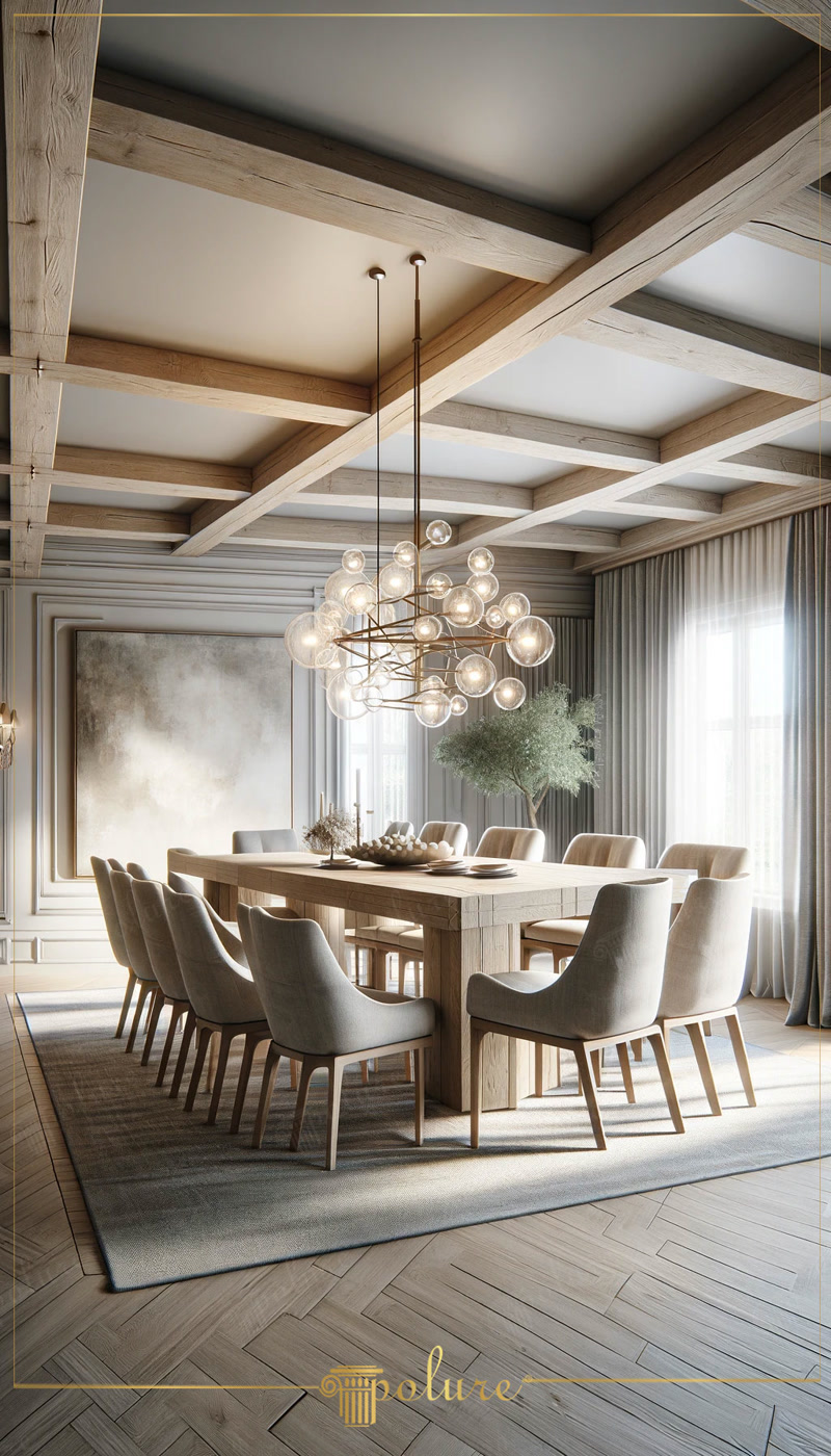 Grinzi Poliuretan Pentru Decorare Tavan Casetat Rustic Grinzile din poliuretan pentru tavan casetat reprezintă profiluri decorative structurale cu densitate mare de 150-220 kg/m³ (țintă ~160 kg/m³), concepute pentru a imita textura lemnului natural fără încărcarea suplimentară a planșeului. În această amenajare de dining rustic, rețeaua ortogonală de grinzi din gama P1981 (de la P1981A până la P1981L) creează un tavan casetat de proporții mari, oferind stabilitate dimensională excelentă. Materialul polimeric compact nu se deformează la fluctuații de temperatură între -100 °C / +80 °C, fiind ideal pentru spații rezidențiale cu suprafețe vitrate extinse unde expunerea la soare este directă.

Montajul structurii de grinzi din poliuretan pe tavan se realizează prin fixare mecanică combinată cu adeziv structural de înaltă aderență. Spre deosebire de grinzile din lemn masiv care cântăresc peste 15 kg pe metru liniar, profilele din poliuretan au o greutate redusă de aproximativ 2.5 kg pe metru liniar, simplificând semnificativ munca montatorilor și eliminând riscul de suprasolicitare a tavanului suspendat. Îmbinările dintre elementele P1981A, P1981B și transversalele P1981C-P1981L se debitează la unghi precis de 90 grade și se sigilează cu chit poliuretanic special, permițând o șlefuire fină cu granulație de 240 înainte de finisajul final.

Proprietățile tehnice ale poliuretanului dens oferă o rată de absorbție a apei de sub 1%, ceea ce împiedică apariția fisurilor, a mucegaiului sau a diferențelor volumetrice în timp. Grinzile poliuretanice P1981 permit mascarea cablajelor electrice pentru corpurile de iluminat suspendate datorită profilului interior cavitar. Această cavitate tehnică facilitează tragerea traseelor electrice direct prin interiorul grinzilor, fără a fi necesară canalizarea plăcii de beton sau adăugarea unor tuburi de protecție vizibile.

Aplicarea riguroasă a profilelor P1981 pe tavan în caroiaj simetric reduce timpul total de execuție al unui tavan decorativ casetat cu până la 60% comparativ cu dulgheria tradițională. Stratul de grund aplicat din fabrică asigură o aderență optimă pentru vopselele pe bază de apă sau lacurile decorative pe bază de acril. Pentru meșterii și firmele de amenajări interioare, utilizarea sistemului de grinzi poliuretanice garantează un finisaj tehnic impecabil, rosturi invizibile și durabilitate pe termen lung fără întreținere complexă.