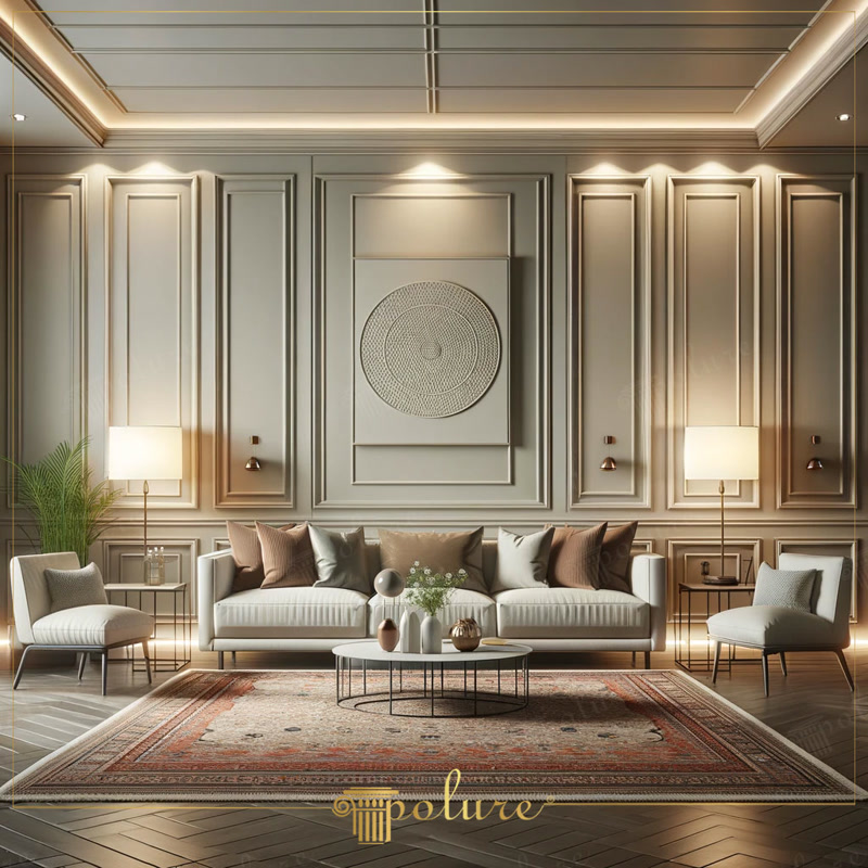 Casetare Decorativă Perete  Casetare de perete cu profile din poliuretan: panouri cu proporții identice, colțuri la 45 de grade, chituire, șlefuire și vopsire pentru relief c