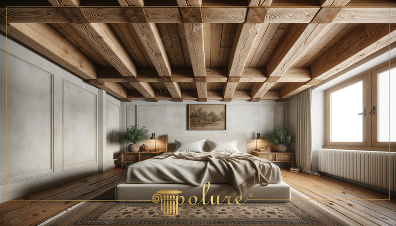 Plafon Casetat Rustic  Plafon casetat rustic din poliuretan de înaltă densitate: grinzi decorative ușoare, aspect de lemn, absorbție de apă sub 1%, montaj cu adeziv pol