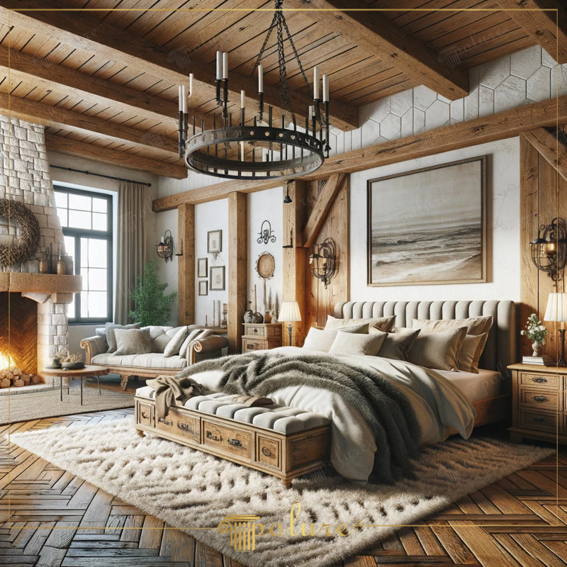 Grinzi Decorative din Poliuretan pentru Plafon în Dormitor Grinzile decorative din poliuretan de înaltă densitate reprezintă soluția tehnică optimă pentru simularea structurilor din lemn masiv în amenajările interioare de tip rustic fără a afecta structura de rezistență a clădirii. În acest proiect de dormitor, s-au utilizat profilele din seria P1981 (de la P1981A la P1981L), fixate direct pe structura tavanului pentru a crea o rețea de grinzi și mertece cu finisaj hiper-realistic. Densitatea materialului de aproximativ 150-220 kg/m³ (țintă ~160 kg/m³) garantează o stabilitate dimensională excelentă, eliminând riscurile de fisurare sau deformare specifice lemnului natural expus la fluctuații de microclimat.

Procesul de montaj al grinzilor din poliuretan se bazează pe o metodologie simplificată dar extrem de durabilă, utilizând cleme de ghidaj sau șipci din lemn ancorate cu dibluri pe suprafața suport. Datorită greutății reduse de doar 1,5 până la 3 kg pe metru liniar, profilele P1981H și P1981K pot fi fixate rapid cu adeziv poliuretanic de structură, completat de fixări mecanice mascate cu dopuri din același material. Îmbinările dintre grinzi sunt sigilate cu mastic elastic și finisate cu vopsele pe bază de apă, obținându-se un aspect continuu fără rosturi vizibile.

Comportamentul poliuretanului în mediul interior oferă avantaje net superioare lemnului tradițional, având o rată de absorbție a apei de sub 1% și o rezistență ridicată la variații de temperatură între -100 °C / +80 °C. Spre deosebire de grinzile din lemn natural care necesită tratamente periodice împotriva dăunătorilor și igrasiei, elementele din seria P1981 sunt complet imputrescibile și ignifugate conform normelor europene de siguranță. Această caracteristică le recomandă pentru spații rezidențiale unde cerințele de igienă și durabilitate sunt prioritare.

Integrarea grinzilor transversale pe un tavan din poliuretan permite ascunderea facilă a cablajelor electrice și a sistemelor de iluminat ambiental fără canalizări suplimentare în zidărie. Structura cavă pe interior a profilelor P1981 facilitează trecerea traseelor de cablu direct prin miezul grinzii, alimentând corpurile de iluminat suspendate precum candelabrele din fier forjat. Rezultatul este un sistem decorativ și funcțional robust, optimizat pentru performanță pe termen lung în amenajările de interior.