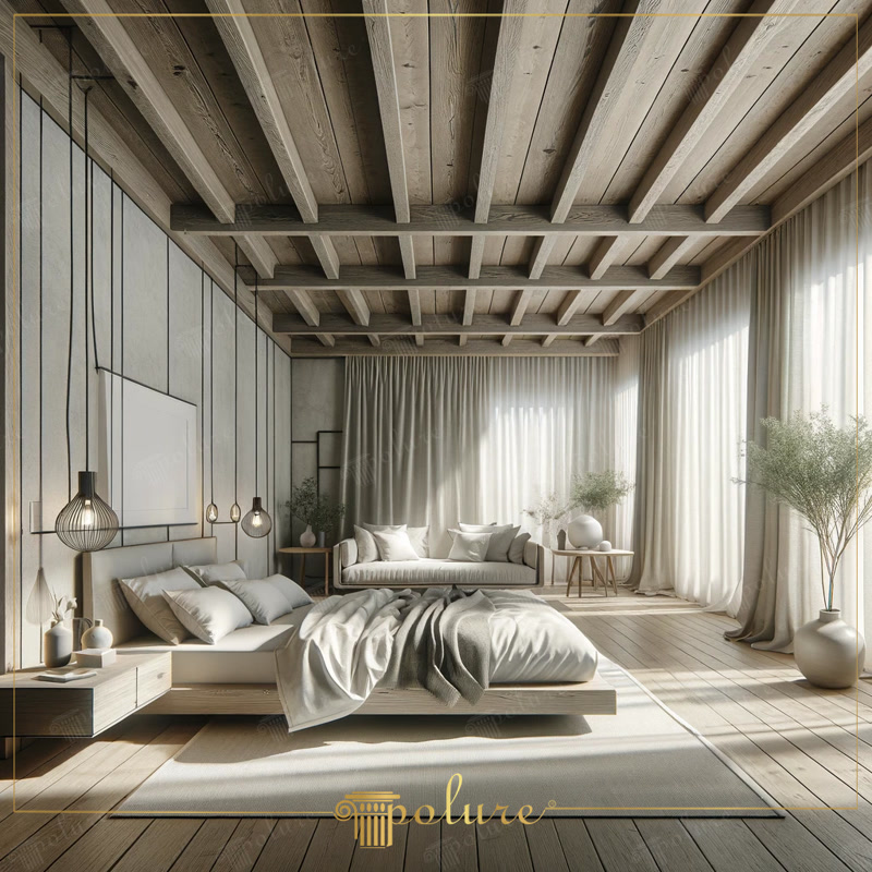 Amenajare Dormitor Rustic  Amenajare dormitor rustic cu elemente din poliuretan: grinzi decorative, panou texturat la capătul patului, montaj curat cu adeziv și lazurare în t