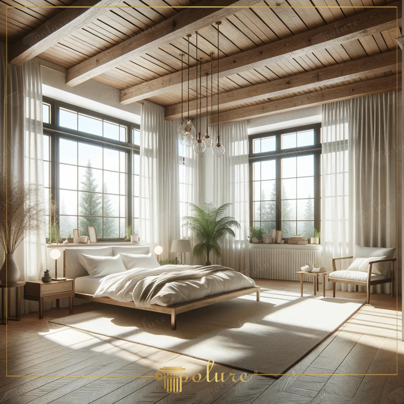 Amenajare Dormitor Rustic  Amenajare dormitor rustic cu elemente din poliuretan: grinzi decorative, panou texturat la capătul patului, montaj curat cu adeziv și lazurare în t