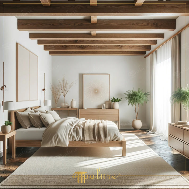 Poliuretan Grinzi Decorative Tavan Dormitor Model P1981 Grinzile din poliuretan P1981 reprezintă soluții constructive decorative cu densitate mare, concepute pentru simularea structurilor tradiționale din lemn pe plafoanele interioare. În acest dormitor rustic, amenajarea plafonului este realizată prin instalarea paralelă a profilelor din seria P1981, acoperind variantele de la P1981A până la P1981L. Cu o densitate specifică cuprinsă între 150 și 150-220 kg/m³ (țintă ~160 kg/m³), aceste elemente oferă textura vizuală și reliefarea lemnului fasonat fără a adăuga încărcări structurale periculoase pe placa de beton sau pe structura din gips-carton a încăperii.

Procesul de montaj al grinzilor din poliuretan implică trasarea precisă a axelor pe tavan la distanțe egale de 60-80 cm pentru a obține un efect vizual echilibrat și ritmic. Profilele având secțiune transversală în formă de canal U sunt debitate la lungimea necesară folosind un fierăstrău manual cu dinți fini. Fixarea pe tavan se execută prin aplicarea unui adeziv poliuretanic monocomponent de înaltă aderență pe marginile de contact, combinată cu o fixare mecanică temporară prin holsșuruburi ancorate în dibluri. Îmbinările cap la cap sunt lipite cu adeziv special pentru îmbinări poliuretanice, garantând o rezistență ridicată la tensiunile din structură.

Din punct de vedere al comportamentului materialului, poliuretanul rigid prezintă un coeficient de absorbție a apei de sub 1% și o rezistență termică excelentă în intervalul de temperatură cuprins între -100 °C / +80 °C. Spre deosebire de lemnul masiv, care suferă contracții și dilatări în funcție de umiditatea ambientală, grinzile sintetice își păstrează stabilitatea dimensională pe termen lung. Această caracteristică tehnică elimină riscul de apariție a fisurilor la linia de contact cu tavanul și reduce semnificativ necesarul de întreținere în spațiile rezidențiale.

Finisajul de suprafață al seriei P1981 este pregătit din fabrică cu un grund acrilic alb care optimizează aderența straturilor ulterioare de vopsea. Pentru a obține aspectul cald de lemn uscat prezent în această amenajare, se recomandă aplicarea a 2 straturi de vopsea decorativă sau lazură prin tehnică de pensulare uscată. Suprafața se poate șlefui ușor cu hârtie abrazivă de granulație 220 între aplicări pentru a evidenția adâncimea fibrelor striate și pentru a obține un efect estetic profesional.