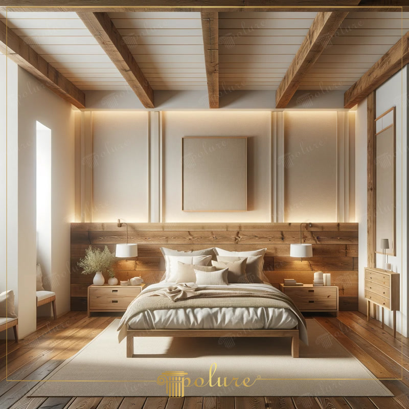 Grinzi din Poliuretan pentru Tavan Rustic Dormitor Grinzile din poliuretan cu aspect de lemn reprezintă o soluție tehnică eficientă pentru realizarea plafoanelor decorative rustice fără a încărca structura de rezistență a clădirii. În acest proiect de amenajare a unui dormitor, grinzile sintetice din seria P1981 (de la P1981A până la P1981L) simulează textura masivă de stejar, oferind un aspect vizual identic cu cel al lemnului cioplit manual. Masa redusă a materialului elimină necesitatea ancorajelor metalice grele, facilitând instalarea rapidă pe tavane din gips-carton sau beton.

Procesul de montaj al profilului P1981 implică fixarea preventivă a unor șipci din lemn sau profile metalice de ghidaj pe suprafața tavanului, utilizând dibluri mecanice. Grinzile din poliuretan au o structură interioară de tip profil în U sau casetată, ceea ce permite îmbrăcarea perfectă a elementelor de fixare. Lipirea pe contur se realizată cu un adeziv poliuretanic monocomponent cu expansiune redusă sau adeziv structural pe bază de polimeri, garantând o priză definitivă în mai puțin de 24 ore.

Din punct de vedere al proprietăților fizice, spuma de poliuretan cu densitate înaltă de 150-220 kg/m³ (țintă ~160 kg/m³) prezintă stabilitate dimensională excelentă în plaja de temperatură cuprinsă între -100 °C / +80 °C. Rata de absorbție a apei este de sub 1%, prevenind crăparea, curbarea sau mucegăirea care apar frecvent la grinzi din lemn natural supuse variațiilor de umiditate. În plus, spatele cav al profilelor permite mascarea facilă a cablurilor electrice destinate benzilor LED sau corpurilor de iluminat suspendate.

Îmbinările dintre elementele liniare P1981 se tratează cu pastă de adeziv de îmbinare dedicată, urmată de o șlefuire fină cu hârtie abrazivă cu granulație 240. Retușurile de culoare se execută cu vopsele acrilice sau pe bază de apă, aplicate cu pensula pentru a păstra profunzimea fibrei sintetice. Această abordare tehnică asigură un finisaj omogen, rezistent la razele UV și ușor de întreținut pe termen lung în spații rezidențiale.