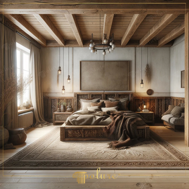 Decorațiuni Rustice pentru Dormitor  Decorațiuni rustice pentru dormitor din poliuretan: grinzi aparente, console și brâuri ușoare, amorsate din fabrică, montate cu adeziv pe gips-ca