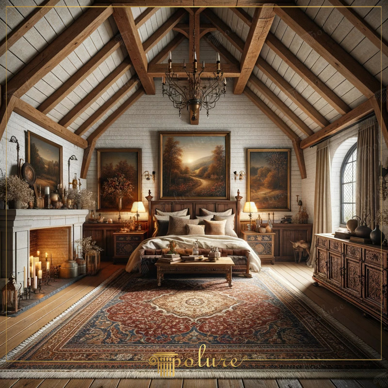 Modern Interpretation of the Classic Rustic House, Stylish Bedroom Enriched with Polyurethane Beams The rich and warm texture of rustic decoration offers timeless beauty and comfort when combined with modern applications of polyurethane beam logs and