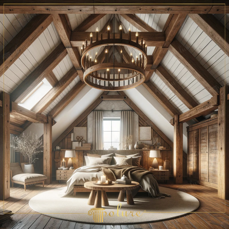Magnificent Rustic Bedroom with Modern Design Polyurethane Beams in the Warmth of Wood Rustic decoration is the art of creating peaceful and inviting spaces by bringing the warmth and aesthetics of natural materials to modern living spac