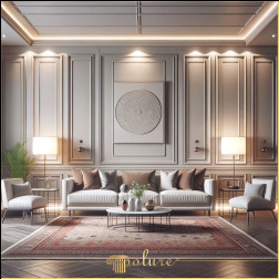 Decorare șină de perete și tavan pentru camera de zi modernă și confortabilă cu accente clasice Camerele de zi, care sunt inima spațiilor de locuit moderne, pot fi proiectate perfect pentru a îmbina confortul și estetica Livingul din imagine d