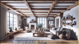 Decor rustic modern cu grinzi din poliuretan și căpriori din bușteni Decorul rustic este cheia pentru crearea unui spațiu de locuit natural și confortabil. Modelele de grinzi din poliuretan și căpriori creează un m