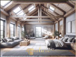 Decor de dormitor mare și rustic, proiectat cu grinzi de poliuretan luminoase și liniștite În timp ce naturalețea și liniștea stilului rustic se manifestă în spații mari, acesta capătă și o notă modernă prin folosirea grinzilor d