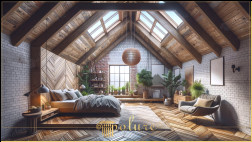 Decorare dormitor mansardă cu grinzi din poliuretan cu design rustic Dormitorul din imagine prezintă o combinație izbitoare de stil industrial cu un decor rustic, folosind bușteni și căpriori din grinzi de poliuret