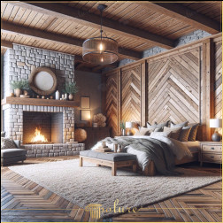 Confort modern cu căldură rustică Dormitor cu șemineu dotat cu grinzi din poliuretan Dormitorul din imagine oferă o interpretare modernă a decorului rustic, îmbogățit cu grinzi de poliuretan, bușteni și căpriori și completat c