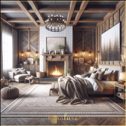 O notă rustică în inima casei tale Decorare dormitor cu șemineu decorat cu grinzi din poliuretan Dormitorul din imagine oferă un decor rustic cu un șemineu decorat cu grinzi din poliuretan, busteni și căpriori. Designul camerei îmbină stilul