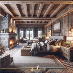 Combinând valoarea rustică cu designul modern de dormitor confortabil cu grinzi din poliuretan Dormitorul din imagine îmbină un concept de decor rustic în formă de grinzi, bușteni și căpriori din poliuretan, cu confort și design modern C