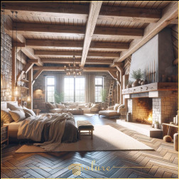 Confort modern într-un aer rustic, întâlniți eleganța grinzilor din poliuretan Dormitorul din imagine combină textura rustică a buștenilor și a căpriorilor din poliuretan cu confortul spațiilor de locuit contemporane. În a