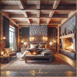 Căldura grinzilor de poliuretan într-un dormitor îmbogățit cu atingeri rustice Dormitorul din imagine oferă căldura și confortul unui decor rustic îmbogățit cu grinzi, bușteni și căpriori din poliuretan. Acest design cre