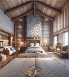 Locul în care căldura și naturalețea se întâlnesc cu grinda și detaliile din bușteni din poliuretan rustic Dormitorul din această imagine combină căldura și naturalețea designului rustic cu inovația modernă. Grinzile din poliuretan și detaliile din 