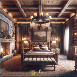 Atingere caldă de lemn: grinzi de poliuretan și detalii de bușteni în design rustic de dormitor Acest dormitor rustic creează o atmosferă caldă cu detalii bogate din lemn și grinzi din poliuretan. Spațiul îmbină textura naturală a bușten