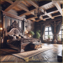 Noblețea se întâlnește cu lemnul: o minune a designului rustic cu grinzi din lemn de poliuretan Acest dormitor atrăgător oferă frumusețea rustică a grinzilor din lemn de culoare închisă și a produselor decorative din lemn din poliuretan �